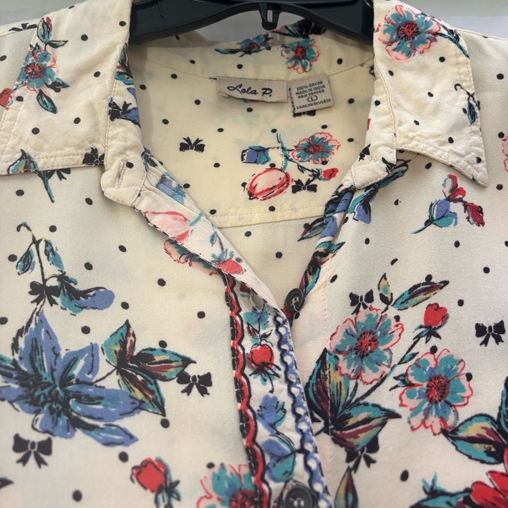 Lola P. Floral Bohemian Button Up Women Shirt Blouse‎ Size L - Picture 9 of 9